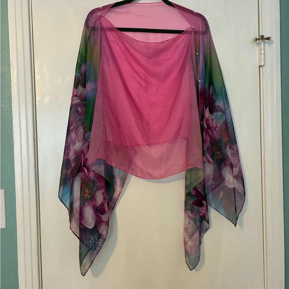 Pink Floral Sheer Wrap Scarf - Lightweight Women's Shawl